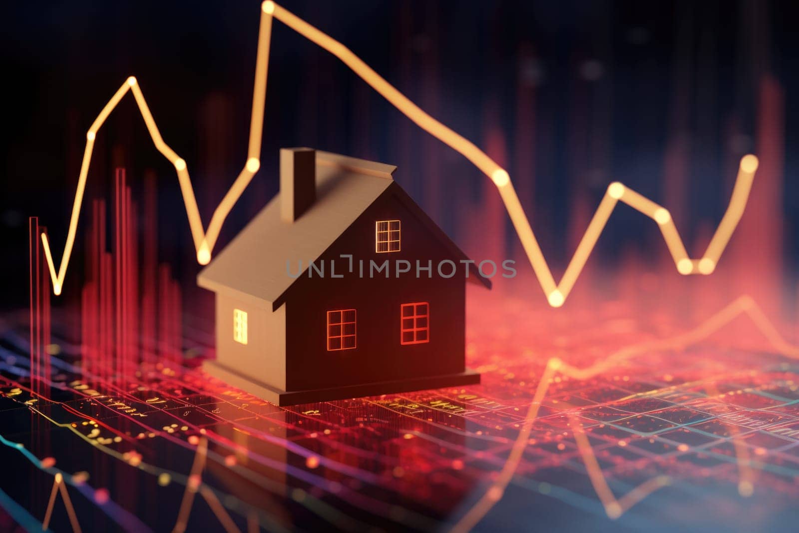 The layout of the house, money, graphics. an inflationary crisis due to an increase in the interest rate affecting the buyer of the house. Mortgage loan, financial concept by Lobachad