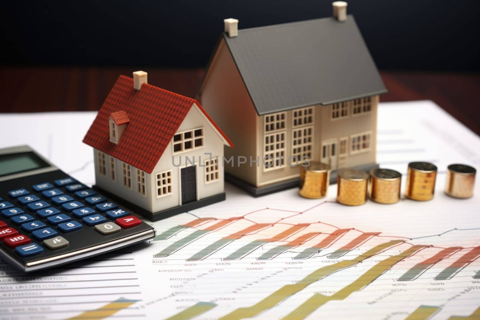 The layout of the house, money, graphics. an inflationary crisis due to an increase in the interest rate affecting the buyer of the house. Mortgage loan, financial concept by Lobachad