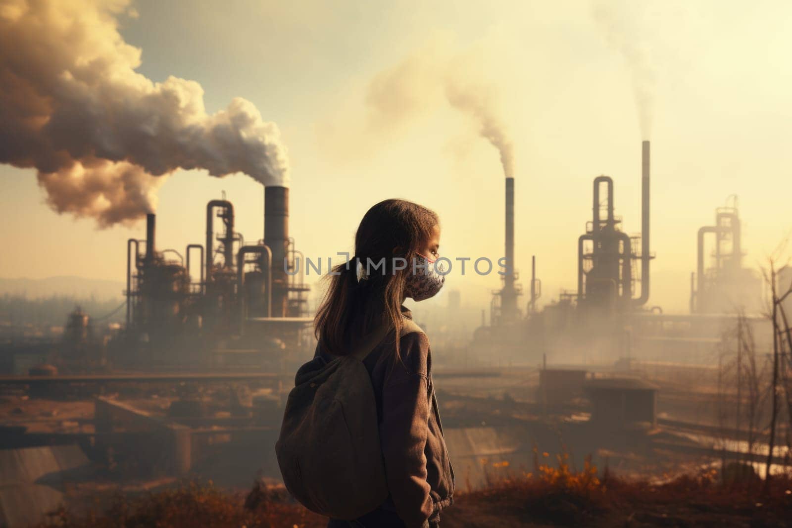 A girl in a protective mask against the background of an environmental disaster. environmental problems, smoke from chimneys.