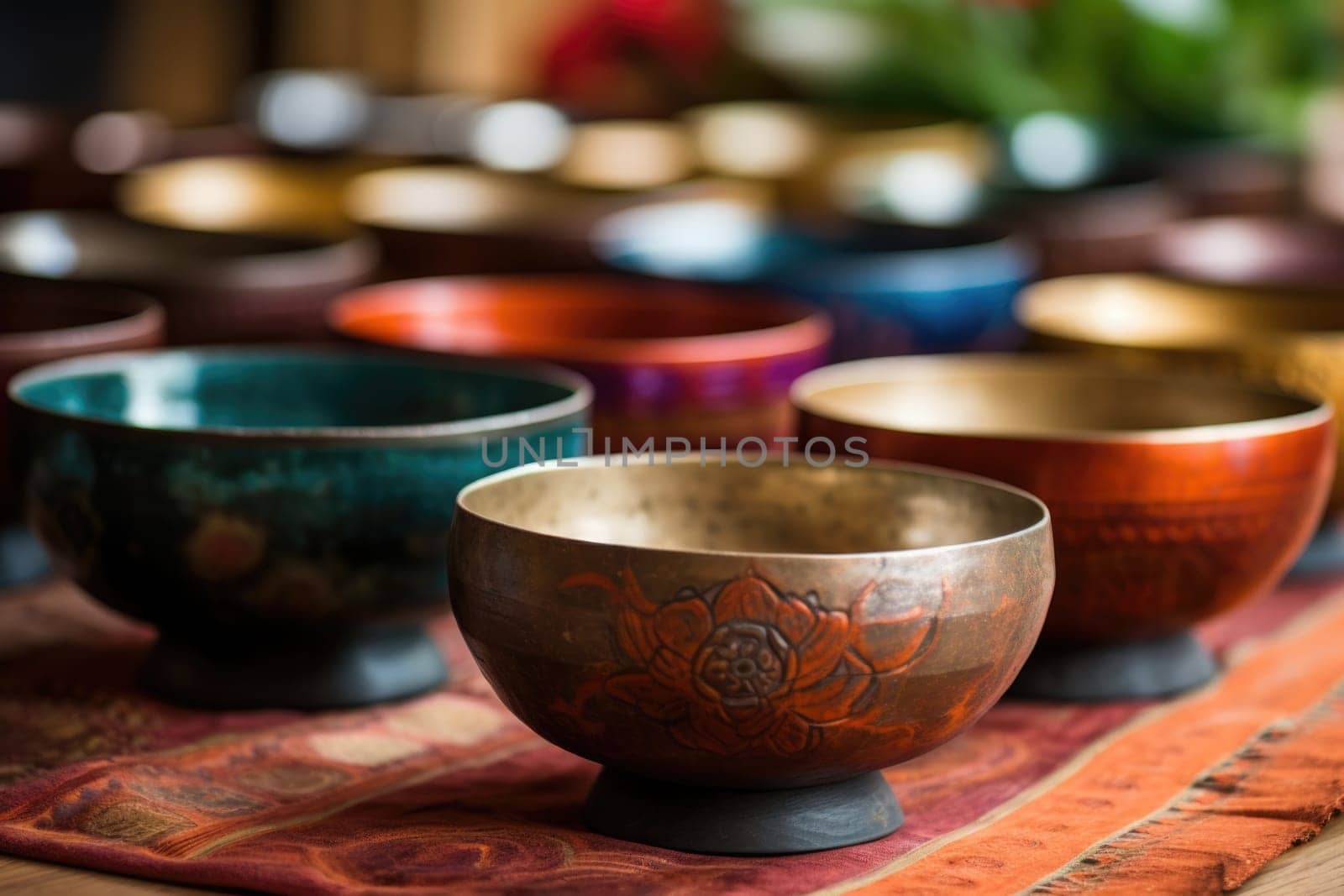There are many Tibetan bowls on the table by Lobachad