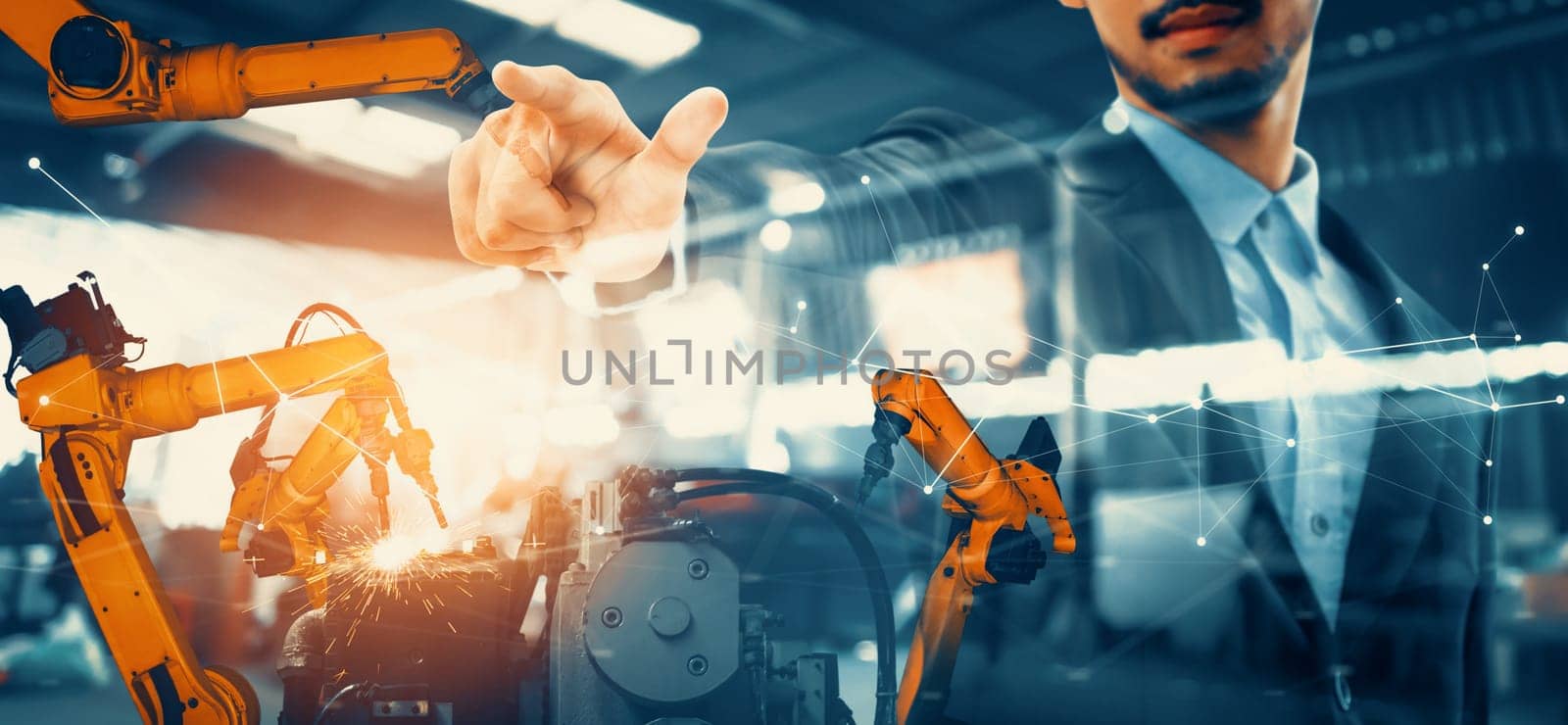 XAI Mechanized industry robot arm and factory worker double exposure. Concept of robotics technology for industrial revolution and automated manufacturing process.