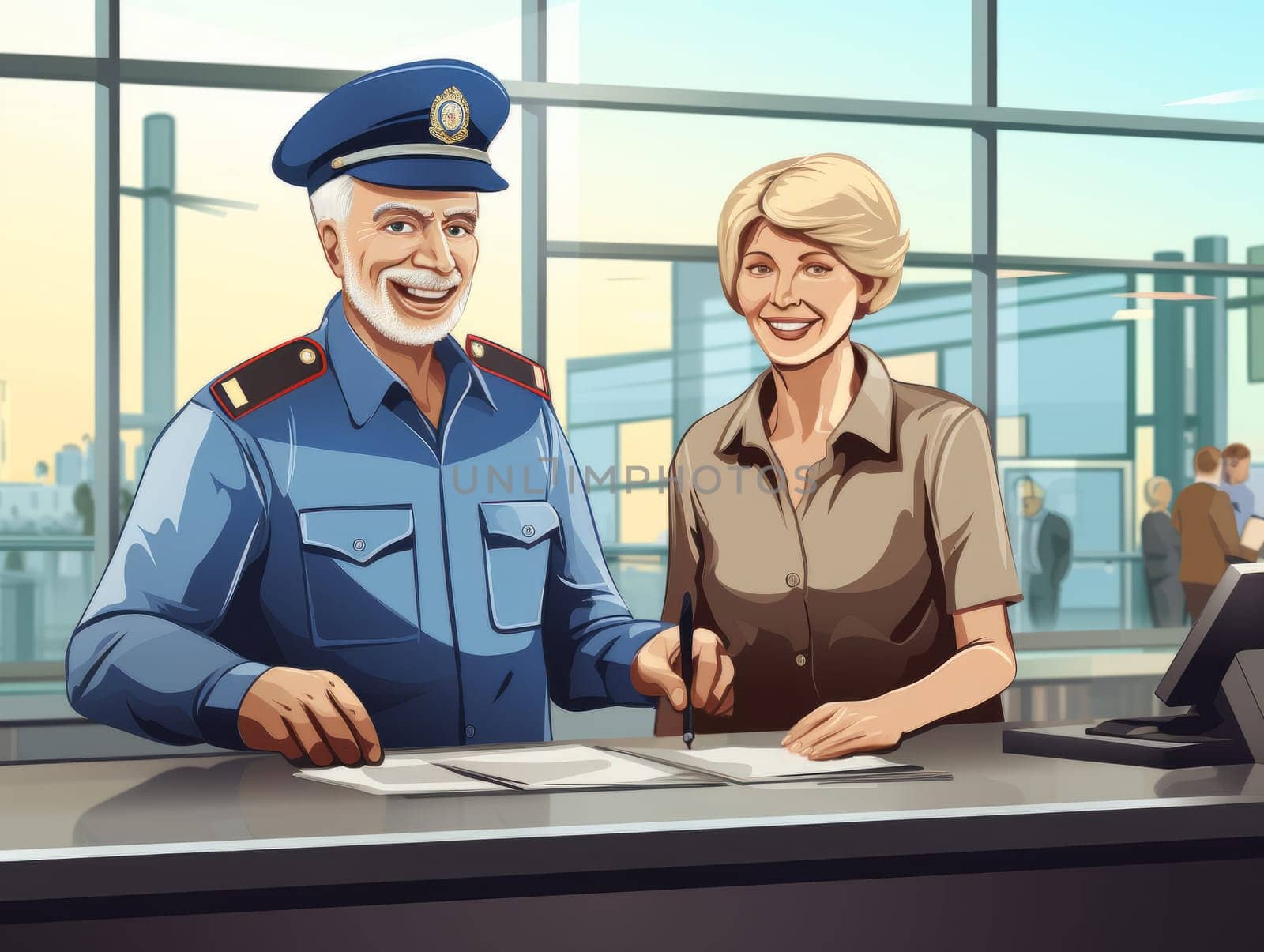 Cartoon female traveler at the airport asked a customs control officer for help. Simplified process of filling out documents at the airport, advertising positive adventures and travel, travel agency. AI