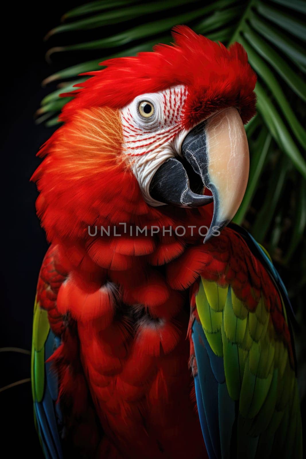 Macaw parrot sits on a branch in the wild.