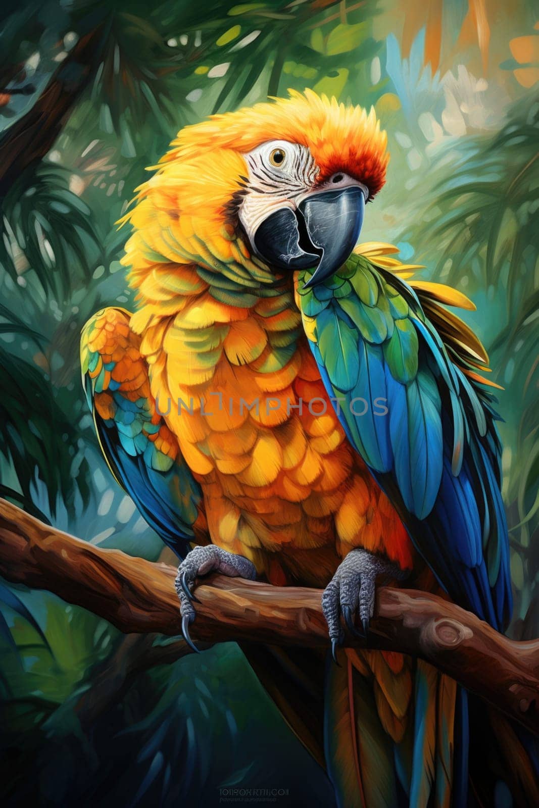 Macaw parrot sits on a branch in the wild.