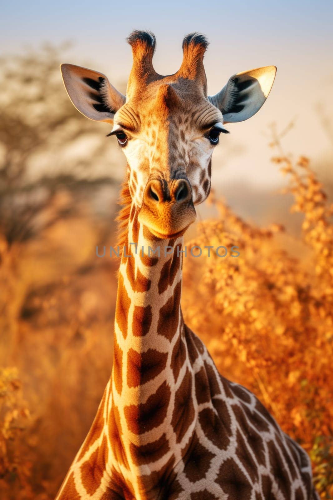 A giraffe strolling through the savannah in the wild of Africa by Lobachad