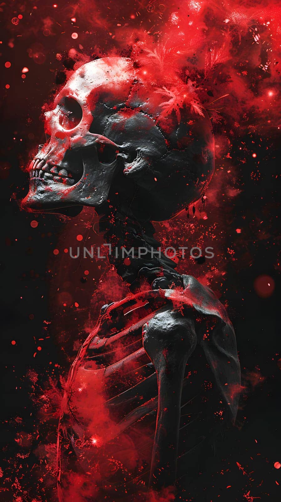 a skeleton with a skull on it is surrounded by red smoke . High quality