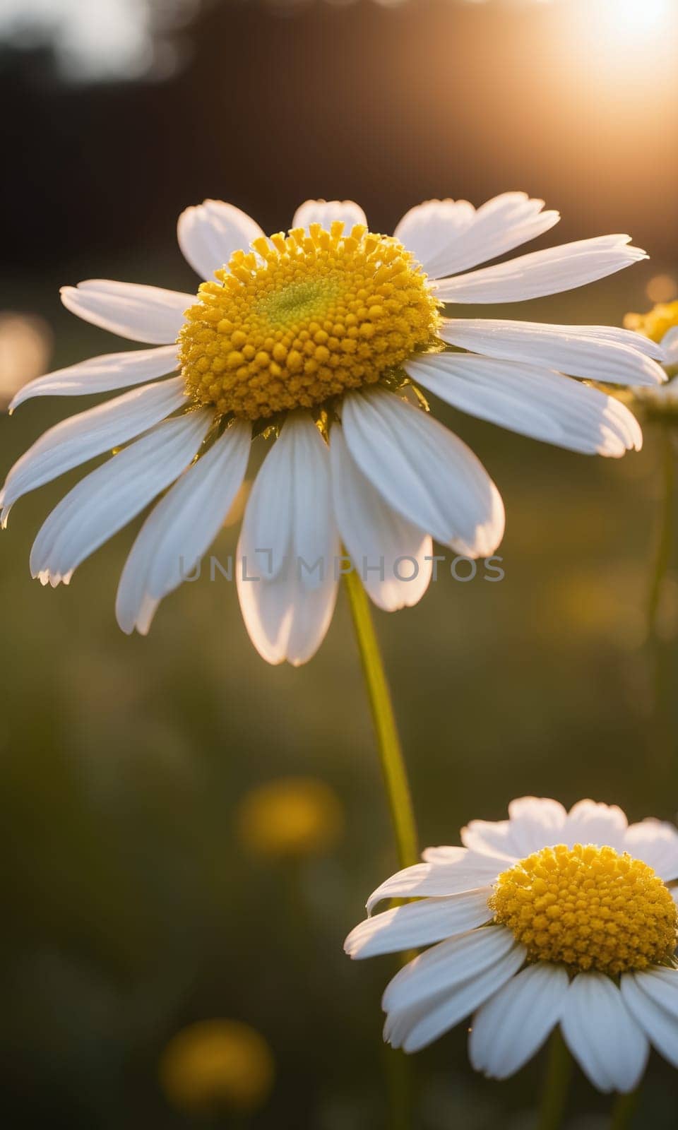 Beautiful daisies on a meadow in the rays of the setting sun.