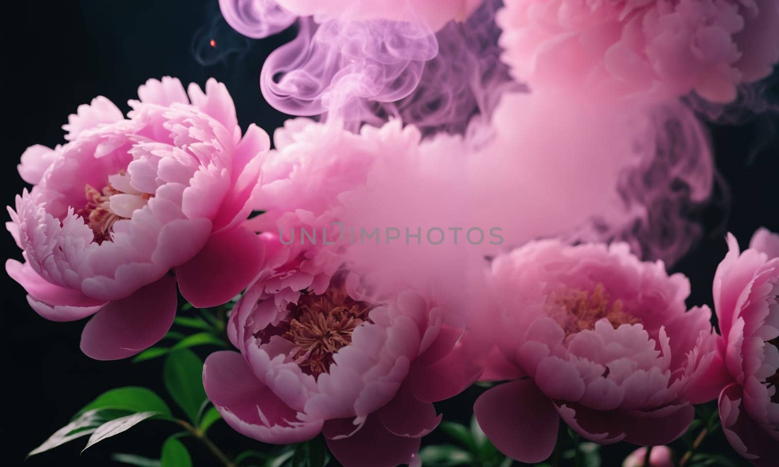 Beautiful peony flowers with smoke on dark background, closeup.