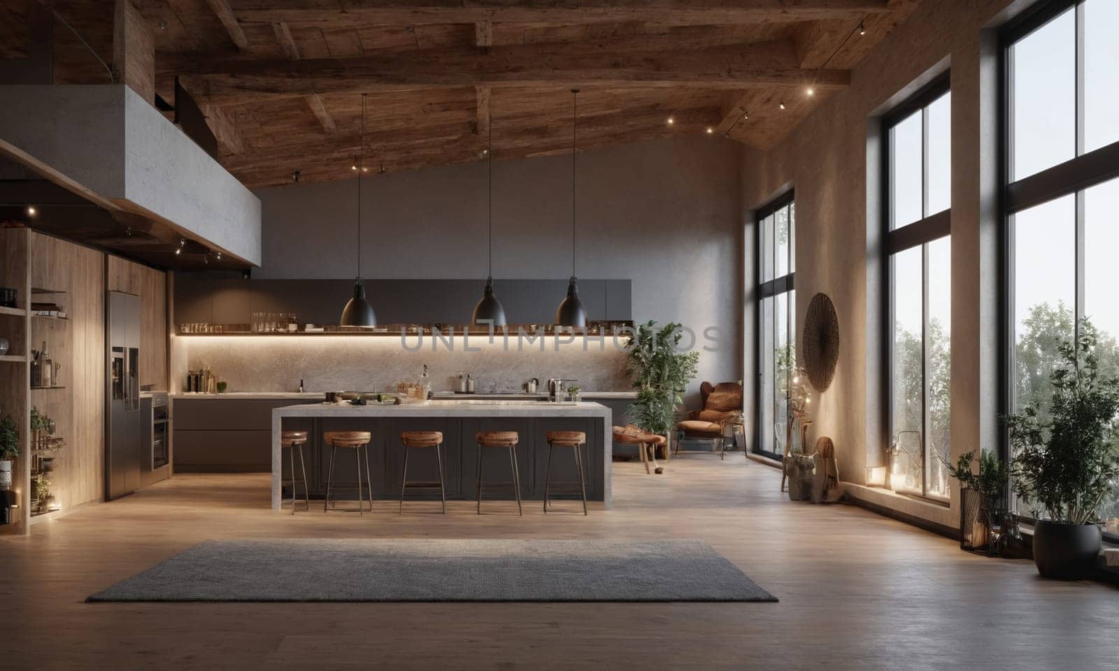 3d rendering loft kitchen with dark brown brick walls and wooden floor.