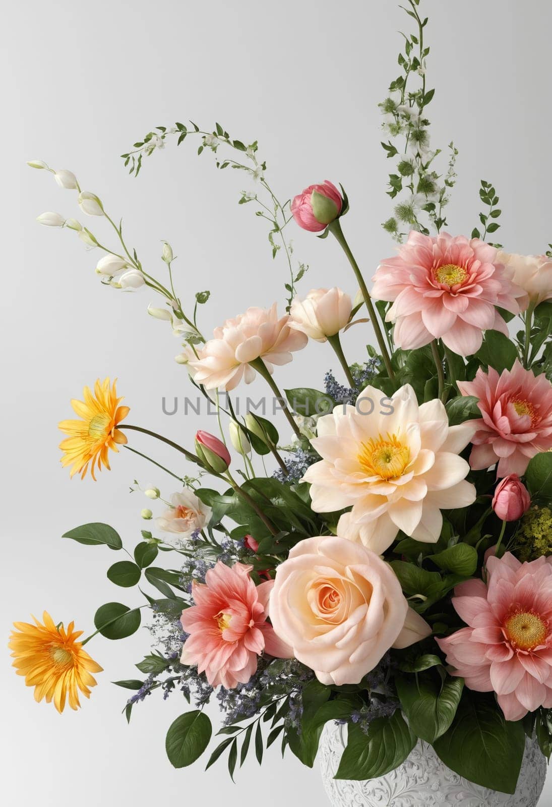 Bouquet of roses, daisies and gerberas.