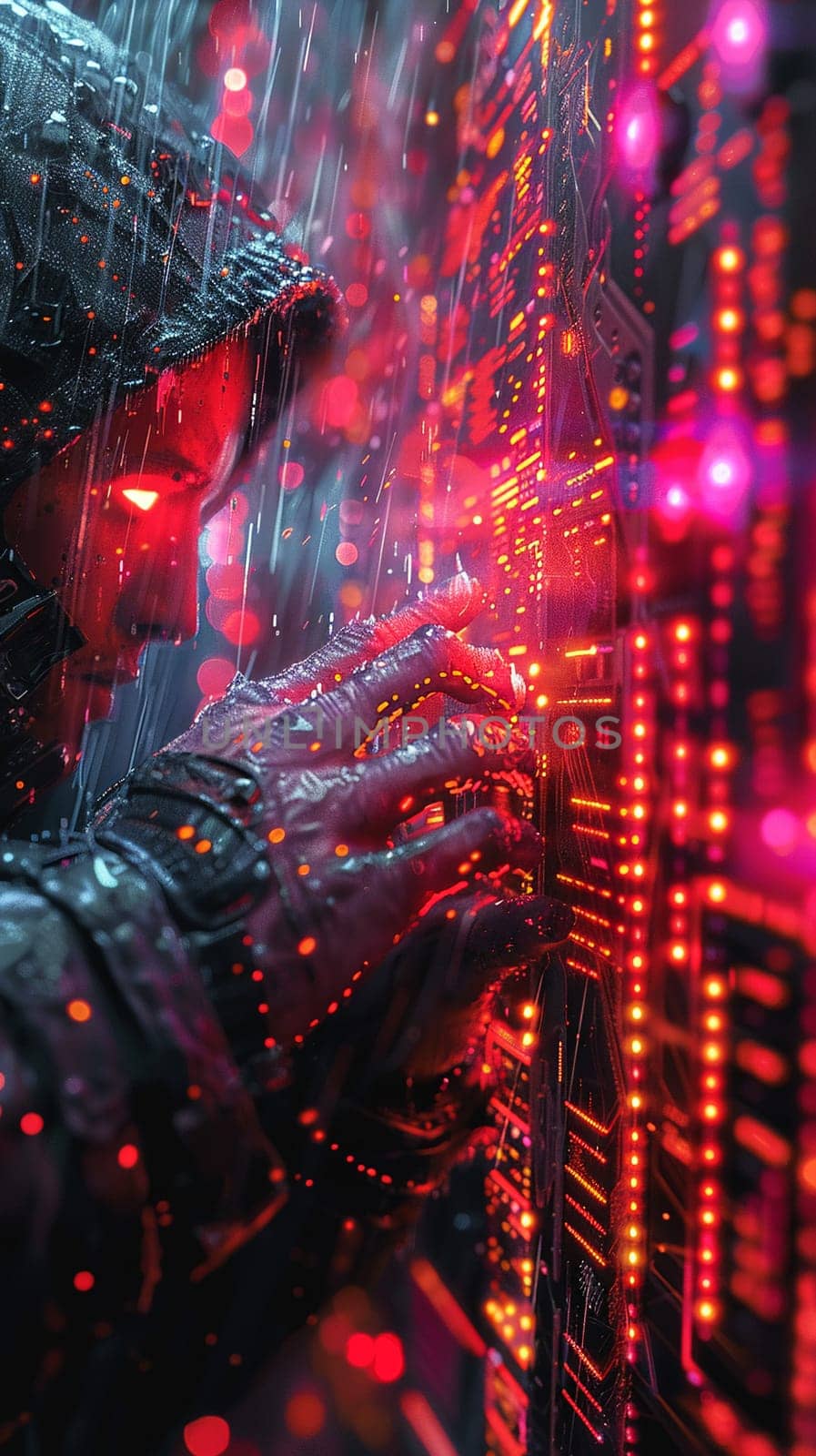 Hacker's hands illuminated by code on a screen, depicted with a neon glow and a sense of urgency.