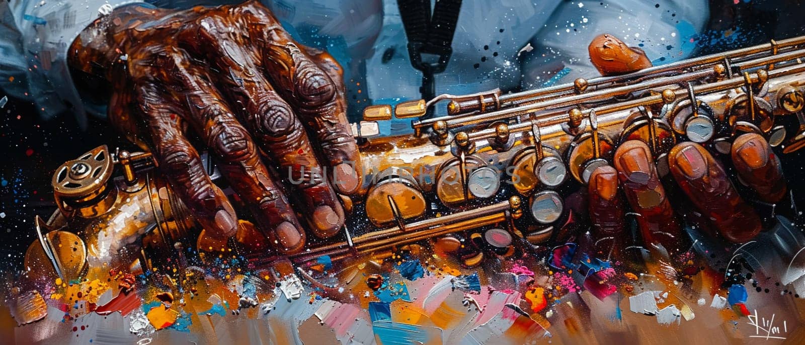 Jazz musician's hands on a saxophone, painted with soulful brushstrokes and deep, resonant colors.