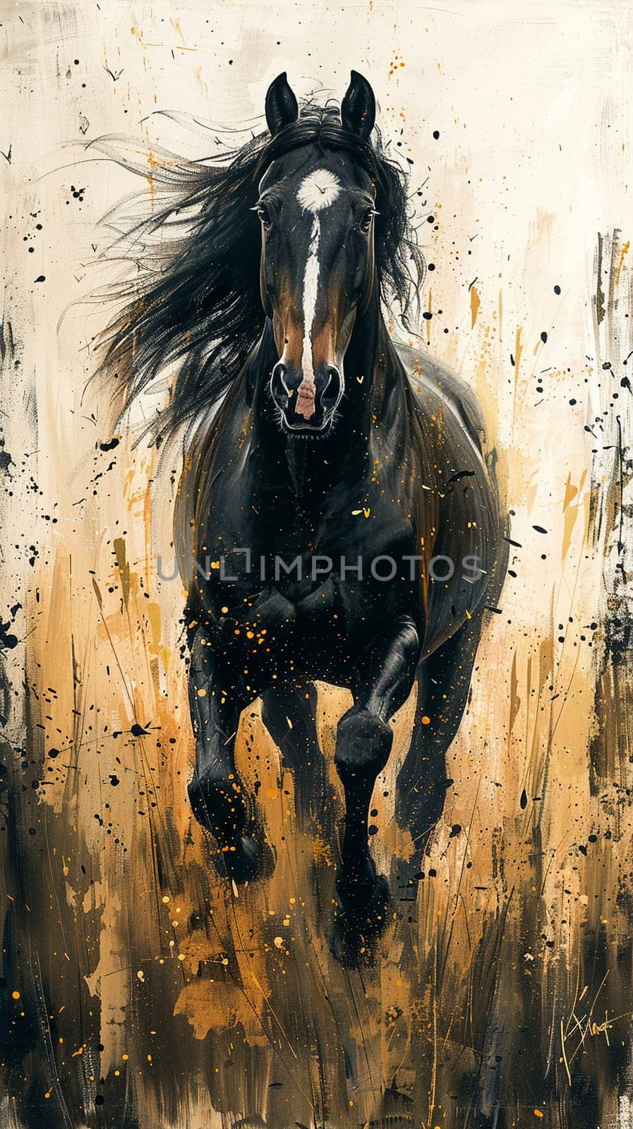 Wild horse running through a meadow, captured with expressionist brushstrokes and freedom of movement.