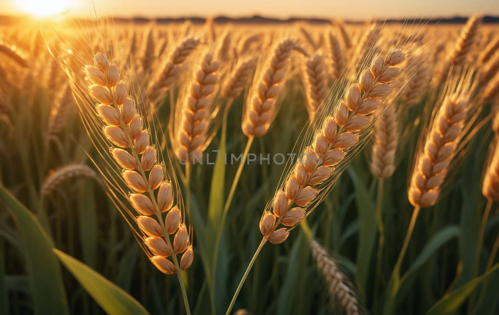 Wheat field at sunset. Ears of golden wheat close-up. by Andre1ns