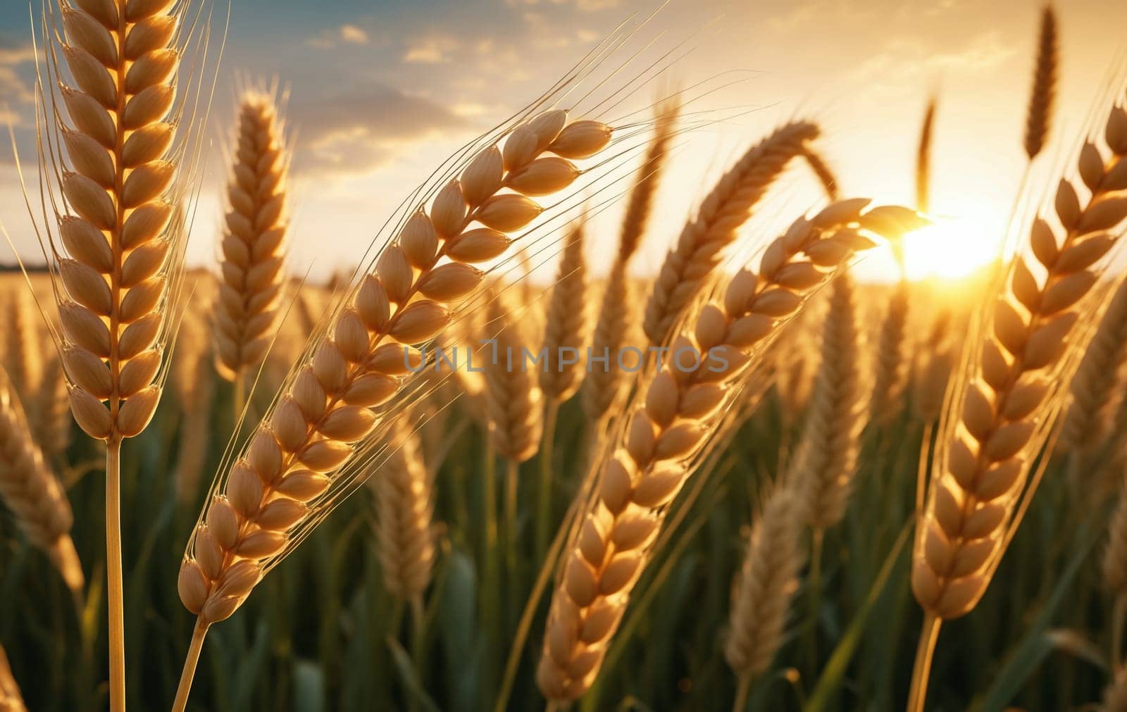 Ears of wheat on the field at sunset. Beautiful landscape