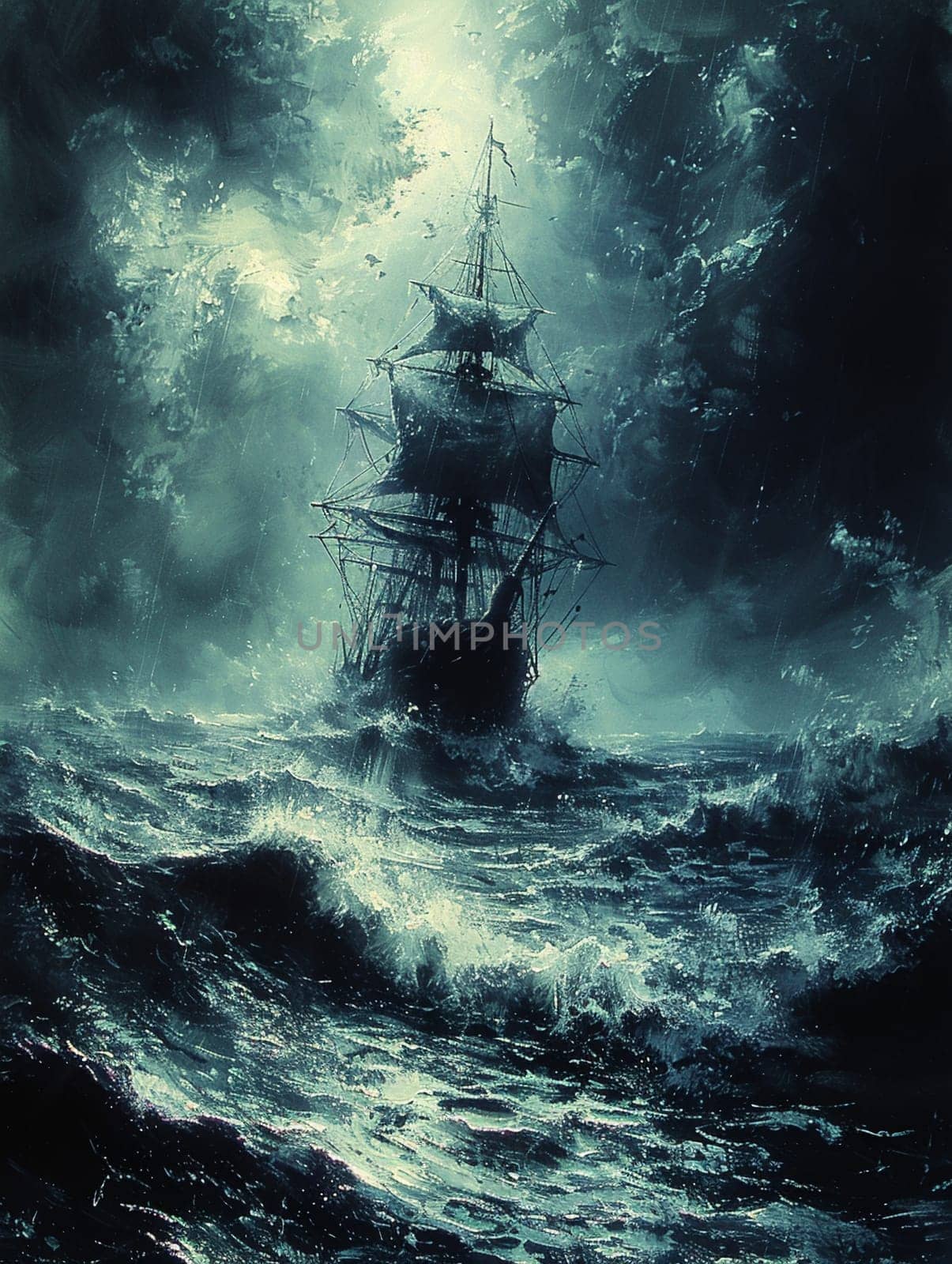 Stormy sea voyage illustrated with dynamic brushstrokes and a moody, atmospheric palette.