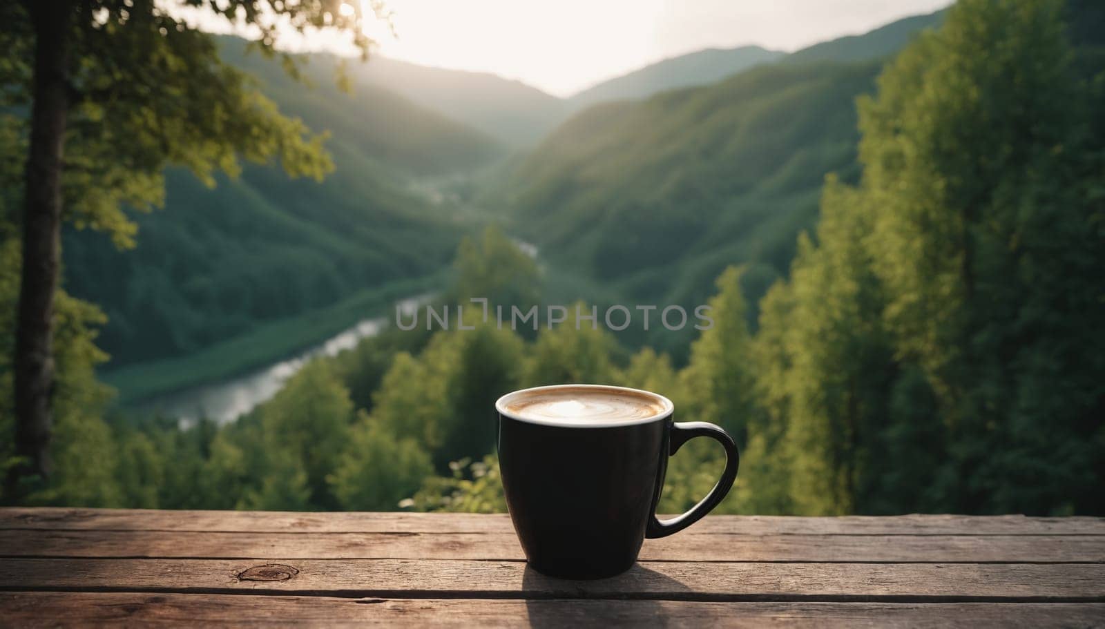 Coffee cup on wooden table in front of beautiful mountain landscape by Andre1ns