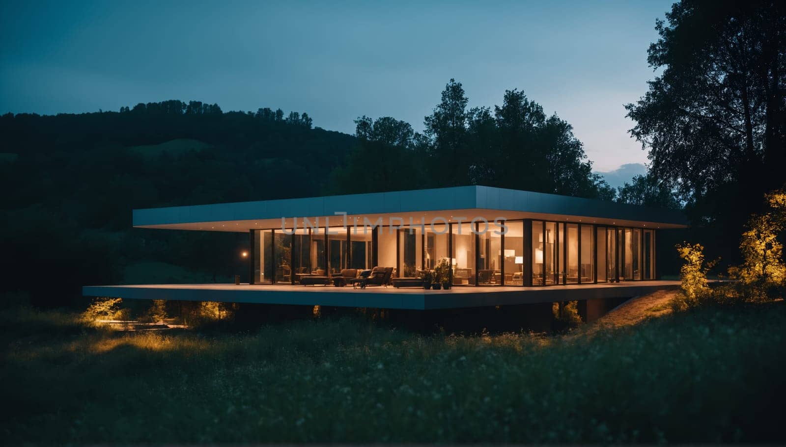 Exterior of modern house on the hill at night. Nobody inside.