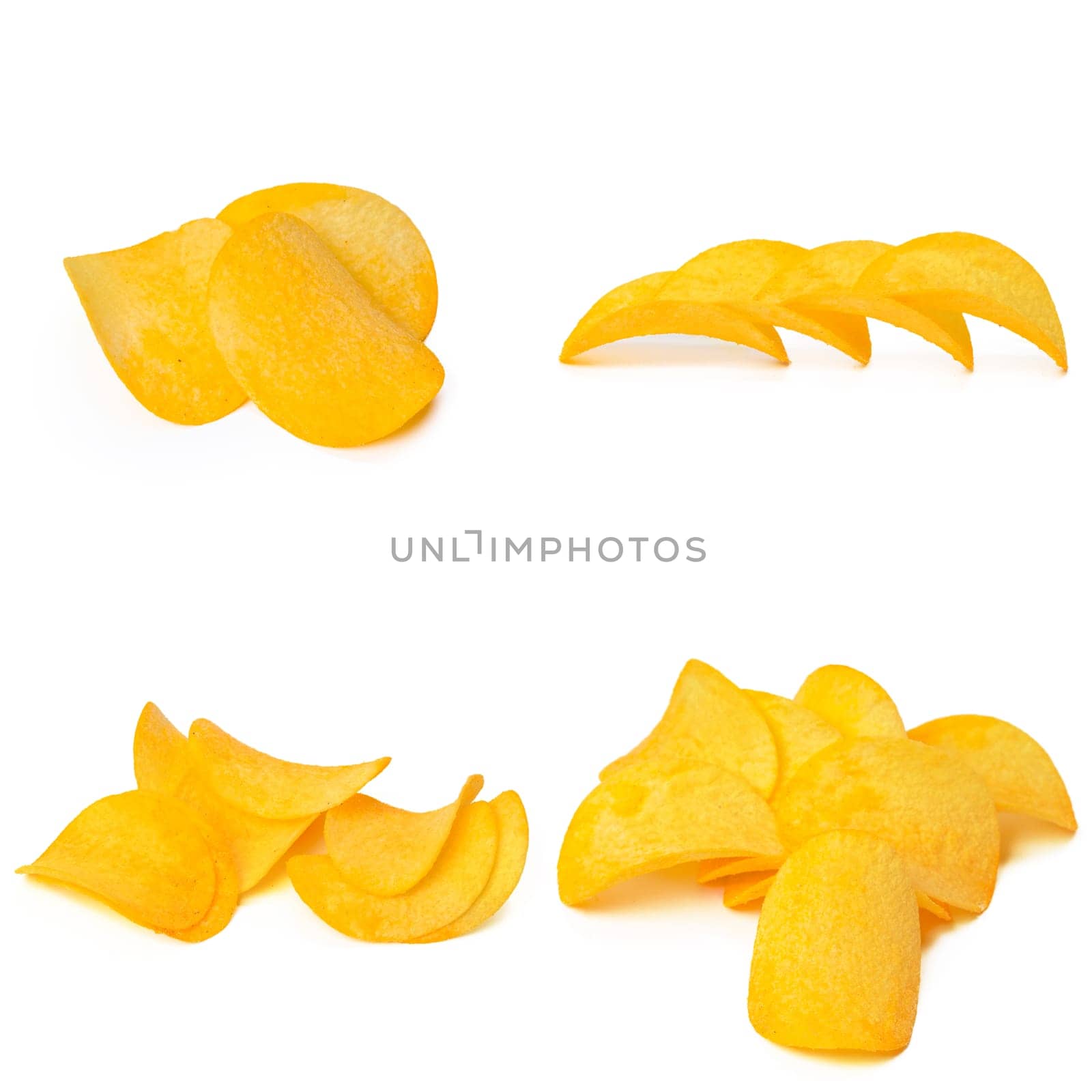Potato chips isolated on white background. Collection.
