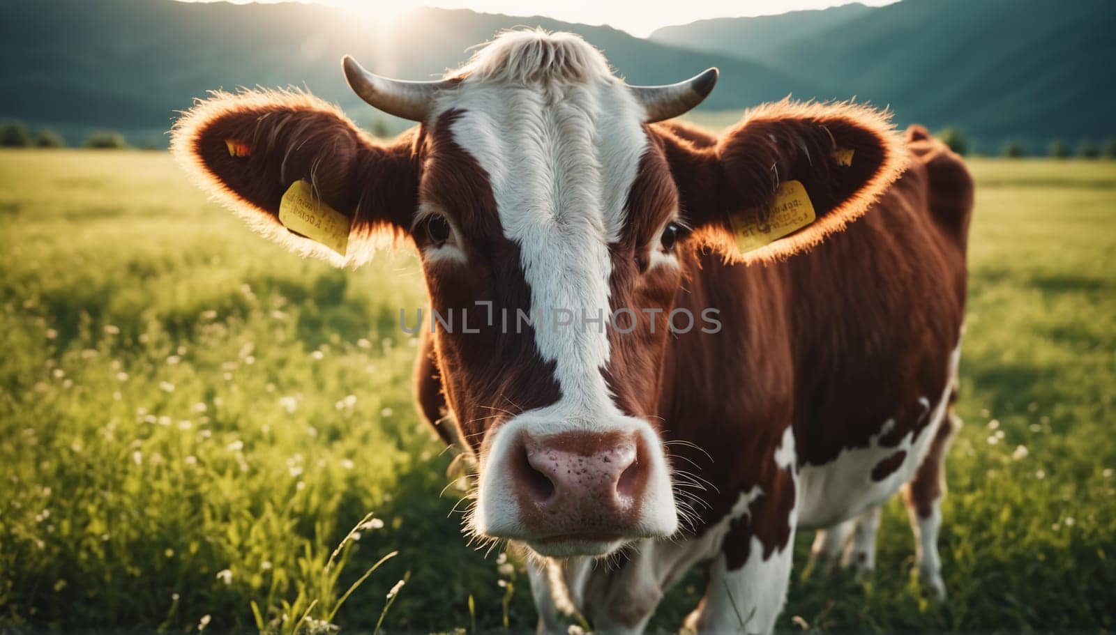 Cow on the meadow at sunset. Beautiful cows in the meadow