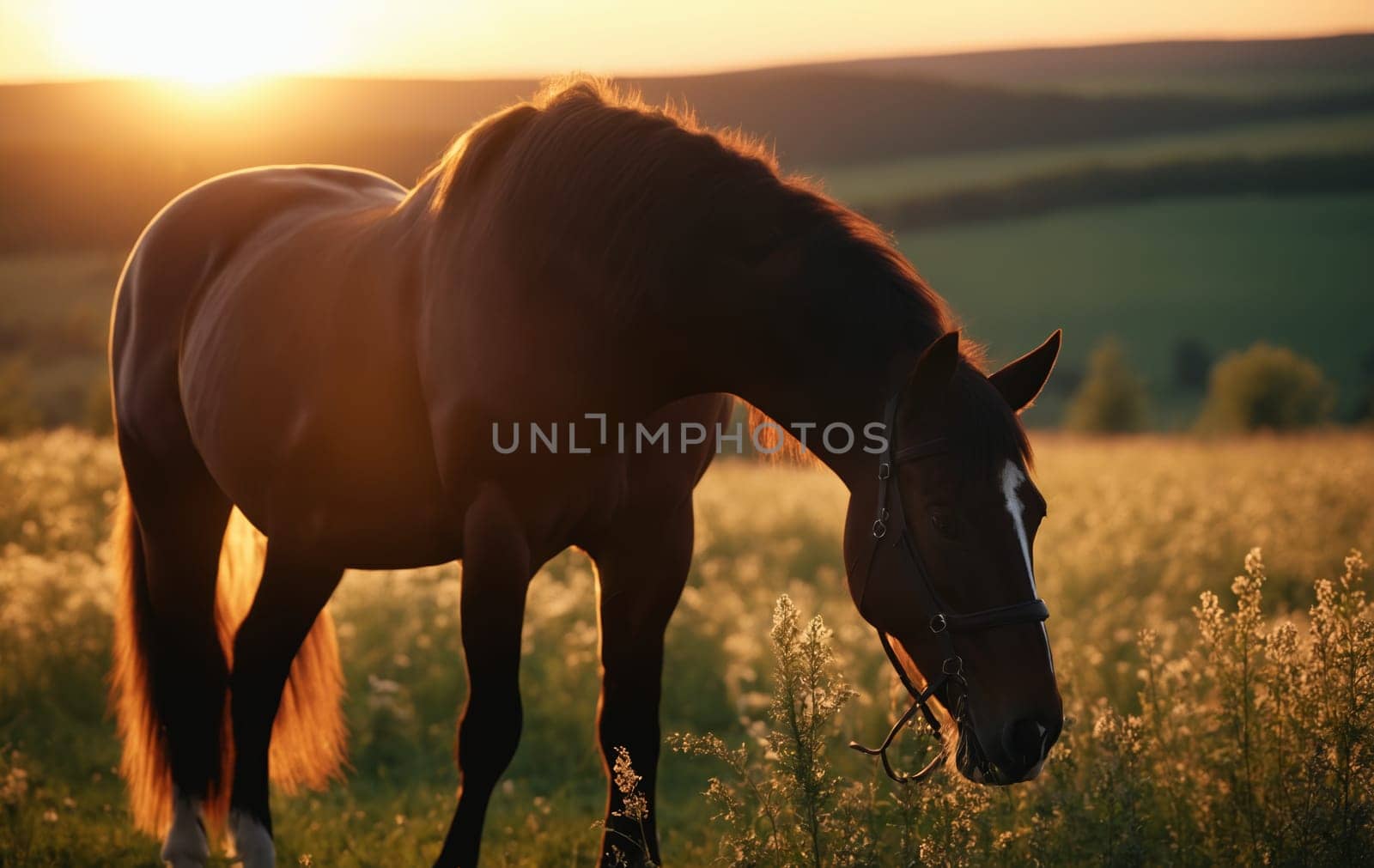 Beautiful horse grazing in meadow at sunset, close-up by Andre1ns