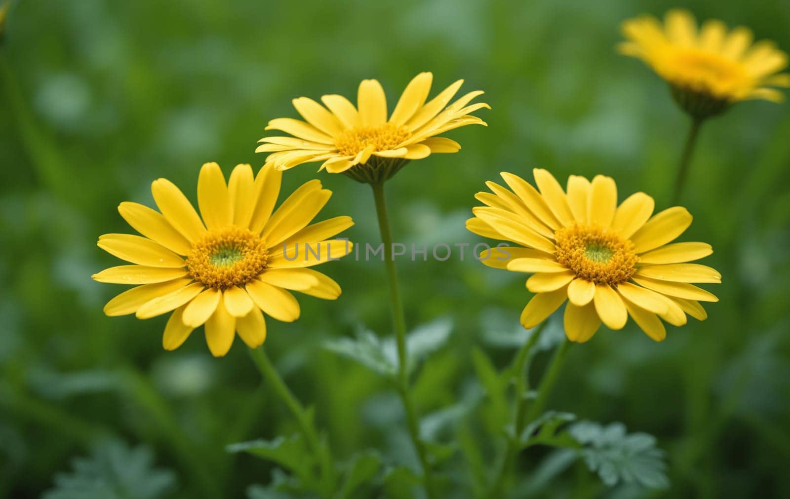 Yellow daisies in the green grass, shallow depth of field by Andre1ns