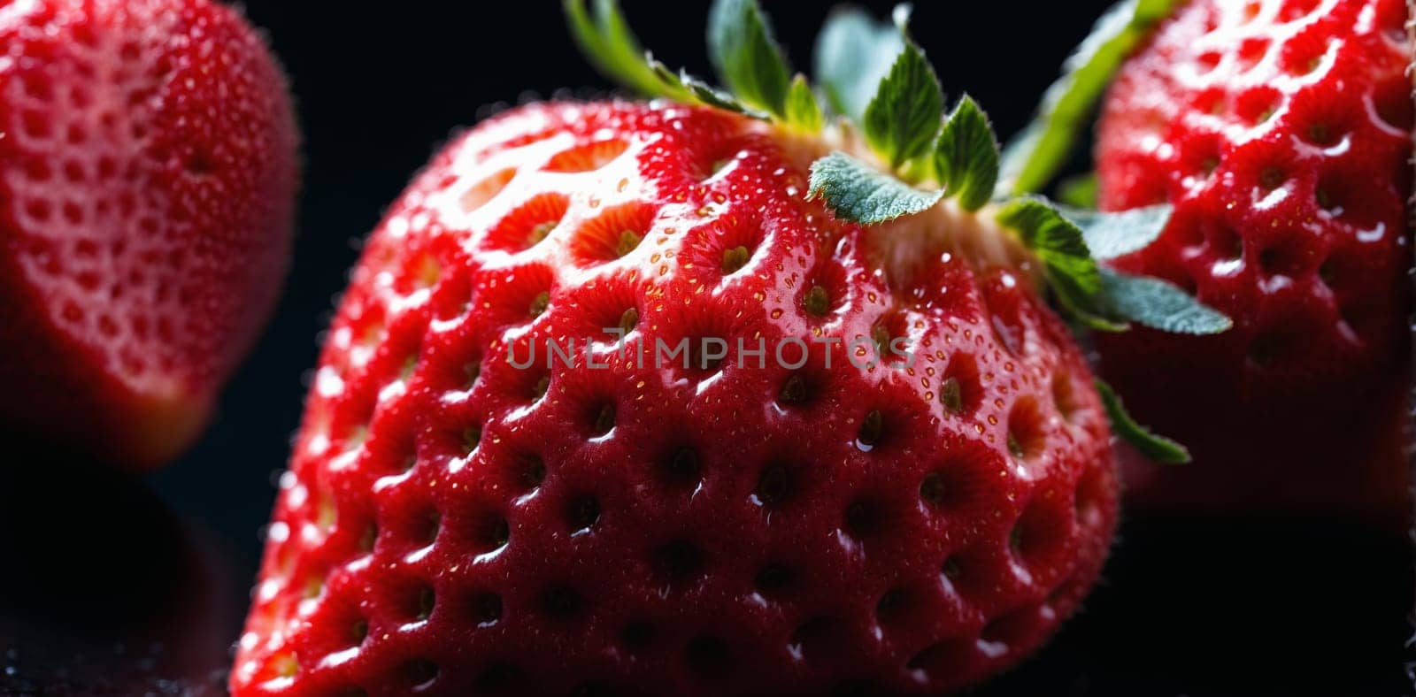 Strawberries on a black background, close-up, macro.