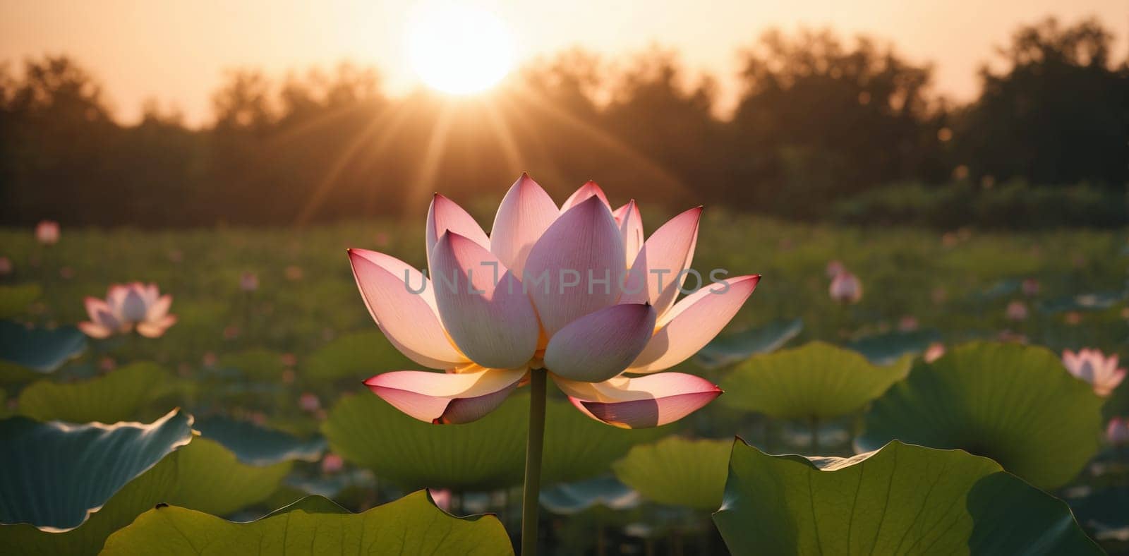 Beautiful lotus flower blooming in the pond at sunset