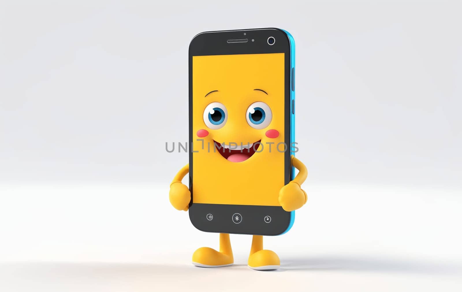 A fun and bright image depicting a yellow smartphone as a character with hands, legs, and a smiley face. Great illustration for digital and communication related content.