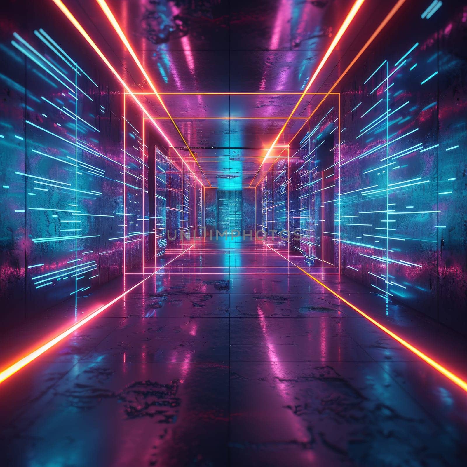 Data Center Server room. Futuristic network technology background.