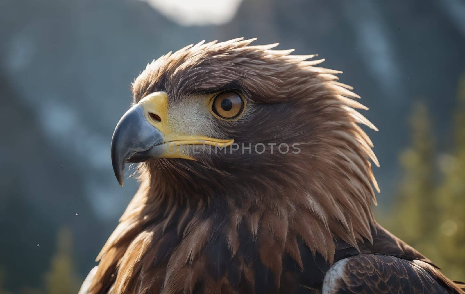 Close up of golden eagles head against mountain backdrop by Andre1ns