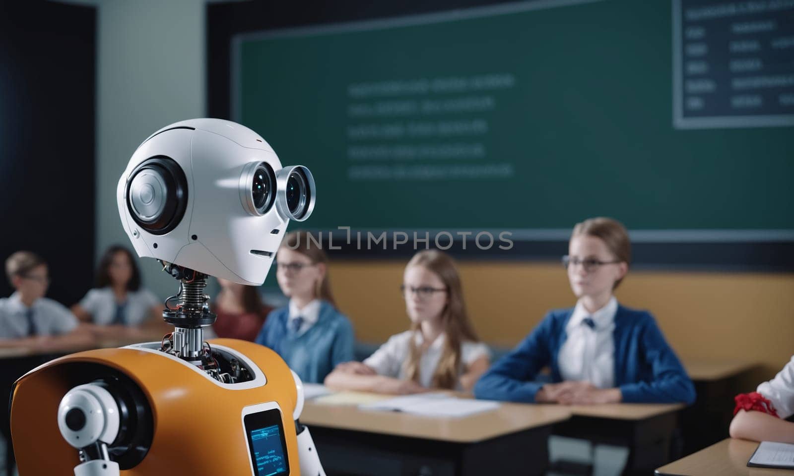 A robot is presenting in front of a classroom using Cameras optics and Electric blue lights. The Machine is discussing Engineering and Science topics with the group