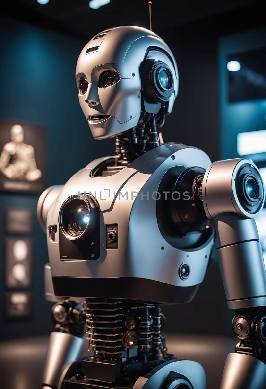 A robot with headphones is standing in a dimly lit room. Made of metal and composite materials, it embodies a mix of engineering and art in a scifi setting