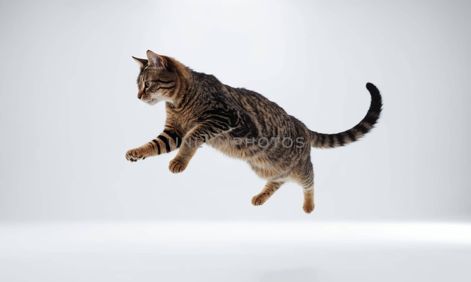Felidae carnivore cat leaps on white background, showcasing balance and grace by Andre1ns