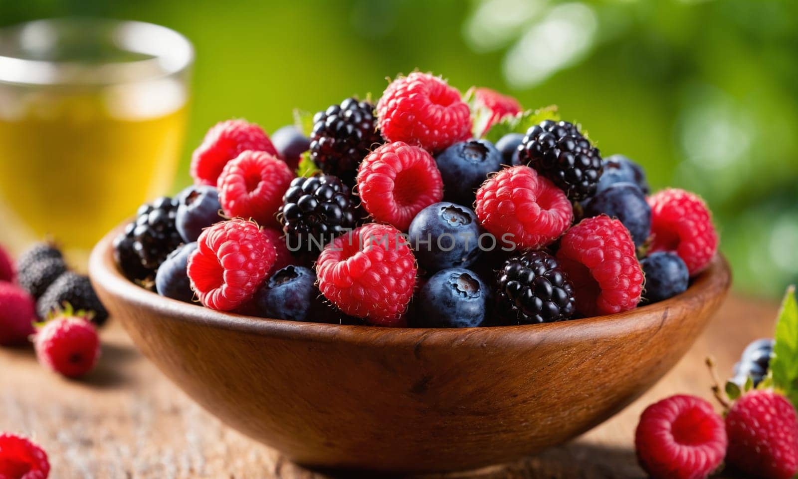 Close-up view of vibrant raspberries and blueberries full of texture and color.