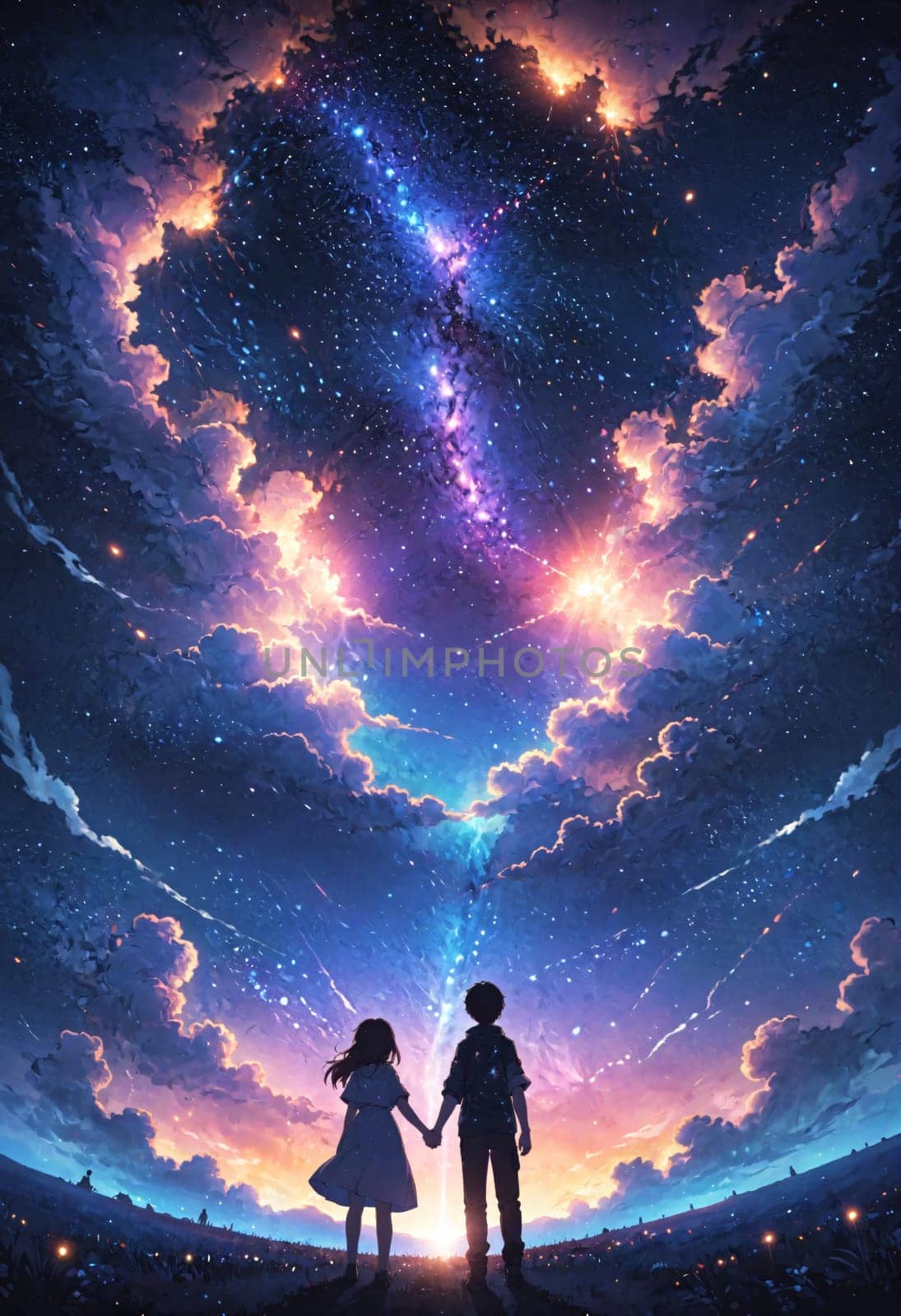 Two young people sharing a romantic moment, holding hands under the vast starry sky. The atmosphere is filled with love and happiness, surrounded by the beauty of nature