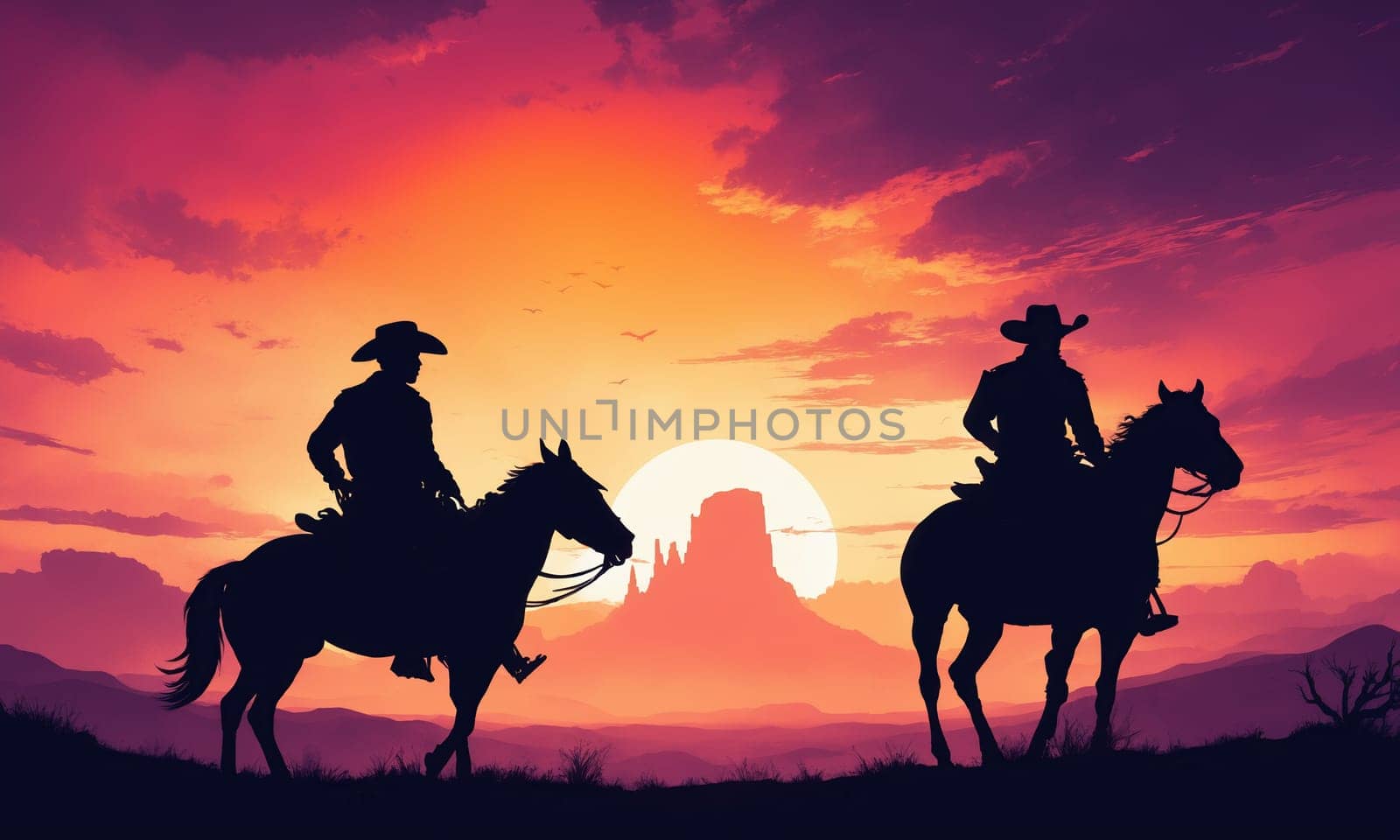 Two cowboys on horses ride in the desert at dusk, under a colorful sky by Andre1ns