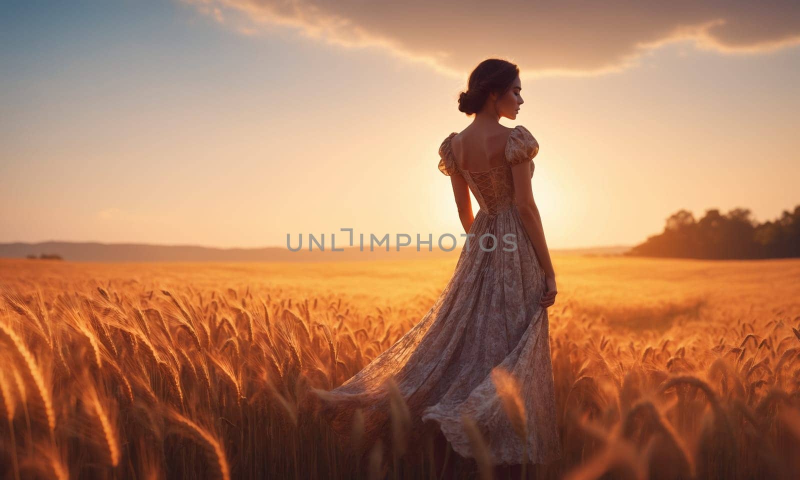 A woman in a white dress stands in a wheat field at sunset, surrounded by the golden sky and clouds. She looks happy, blending into the natural landscape