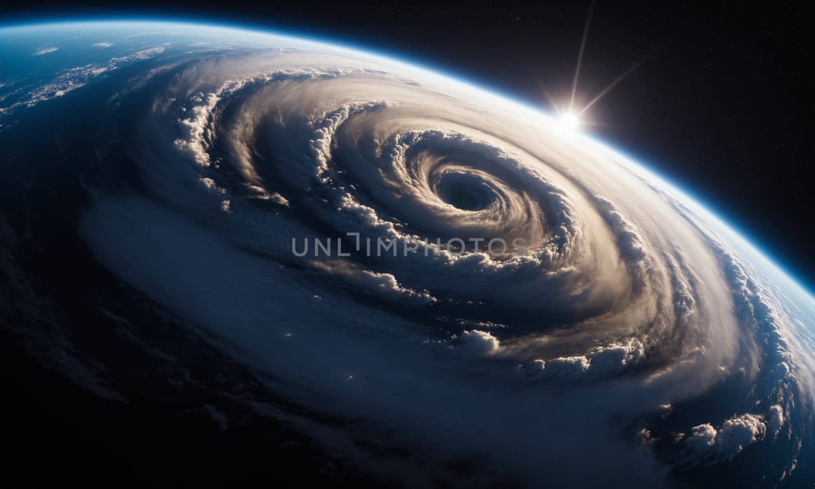 An artists impression of an Electric blue hurricane approaching Earth, a mesmerizing celestial event in the vast universe of outer space