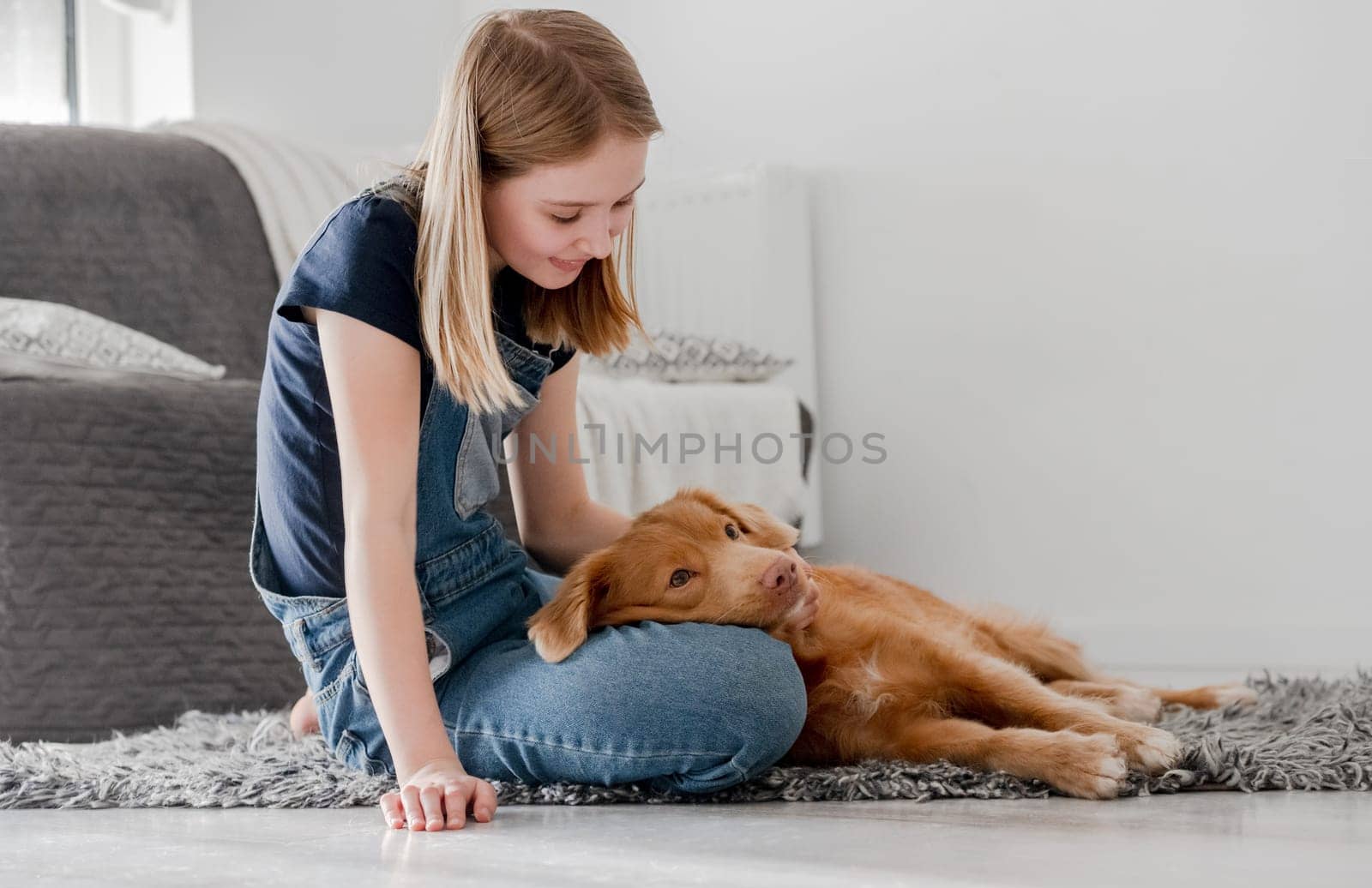 11-Year-Old Girl Plays With Nova Scotia Retriever On Home Floor by tan4ikk1