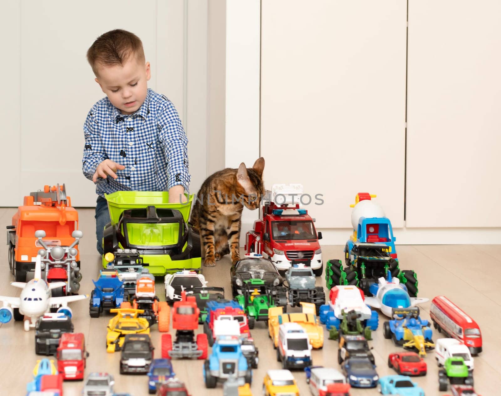 Concept of children's toys. A domestic beautiful, red and tabby Bengal cat and a little boy, 4 years old, play happily, sitting on the floor, with multi-colored small and large cars in the children's room. Soft focus.