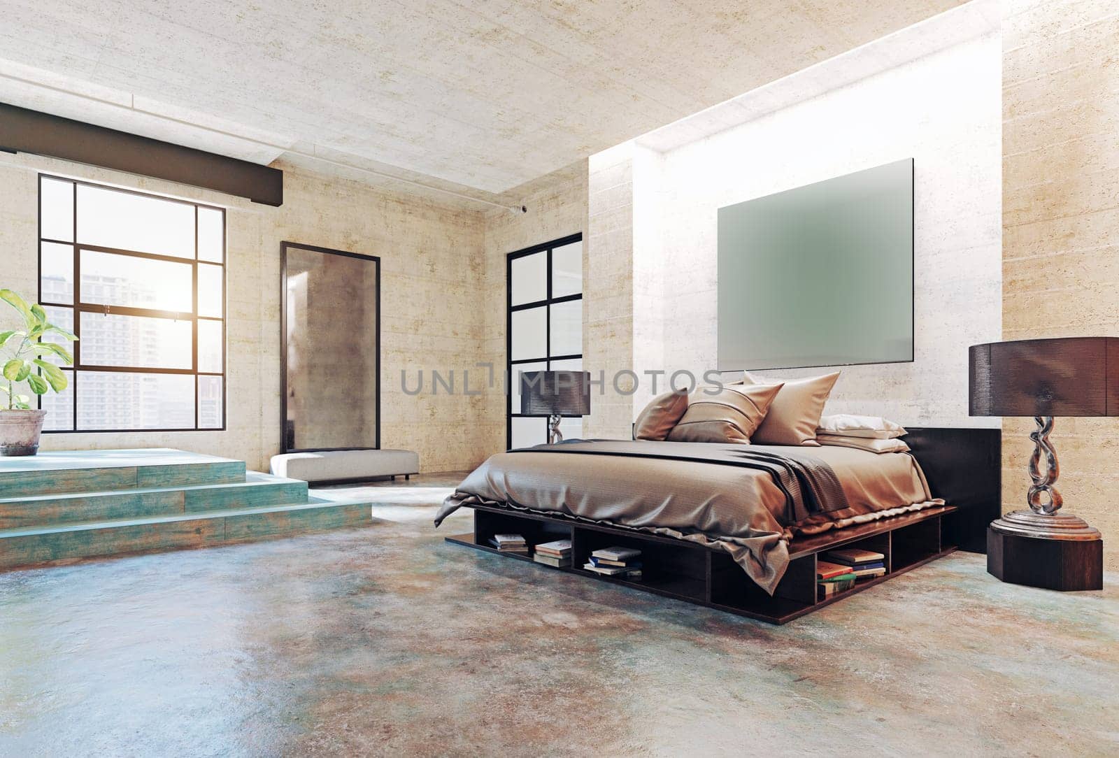 modern loft bedroom interior. 3d rendering concept