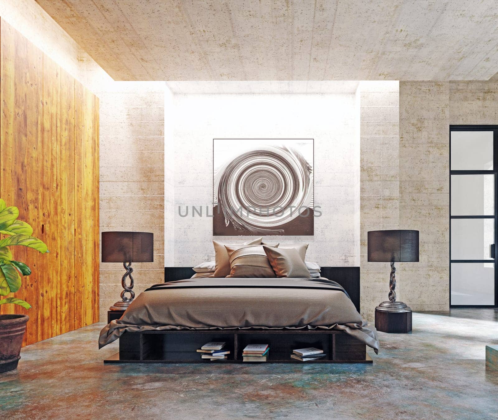 modern loft bedroom interior. 3d rendering concept