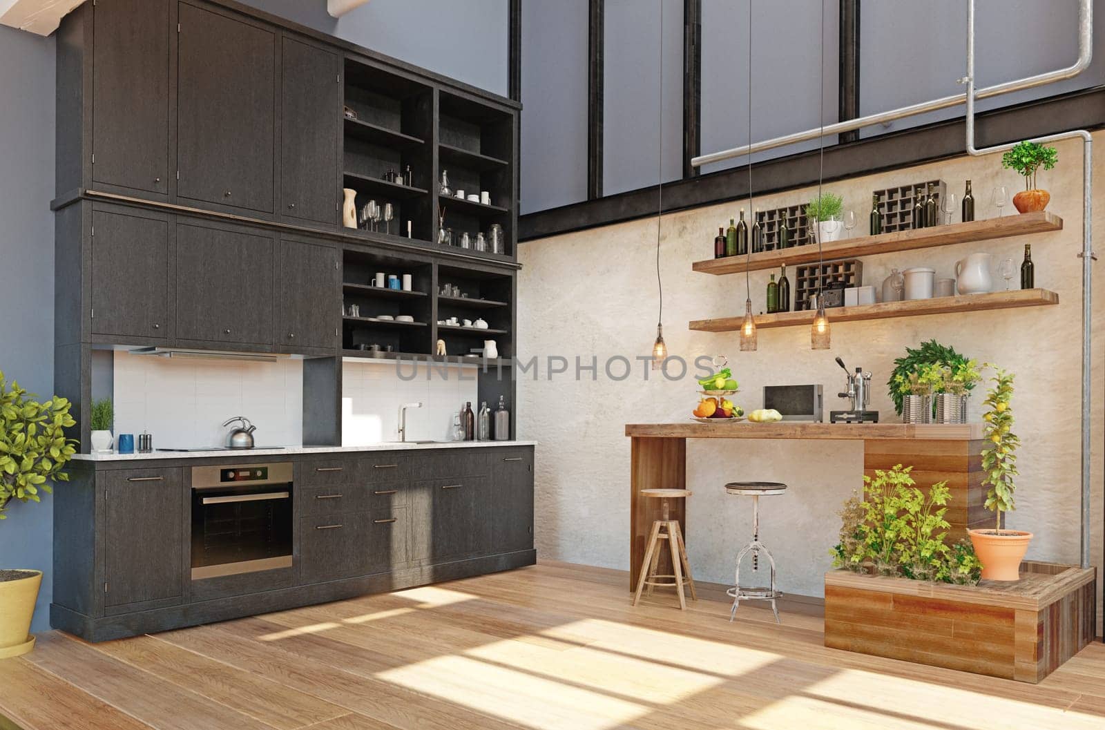 modern domestic kitchen interior. 3d rendering design concept