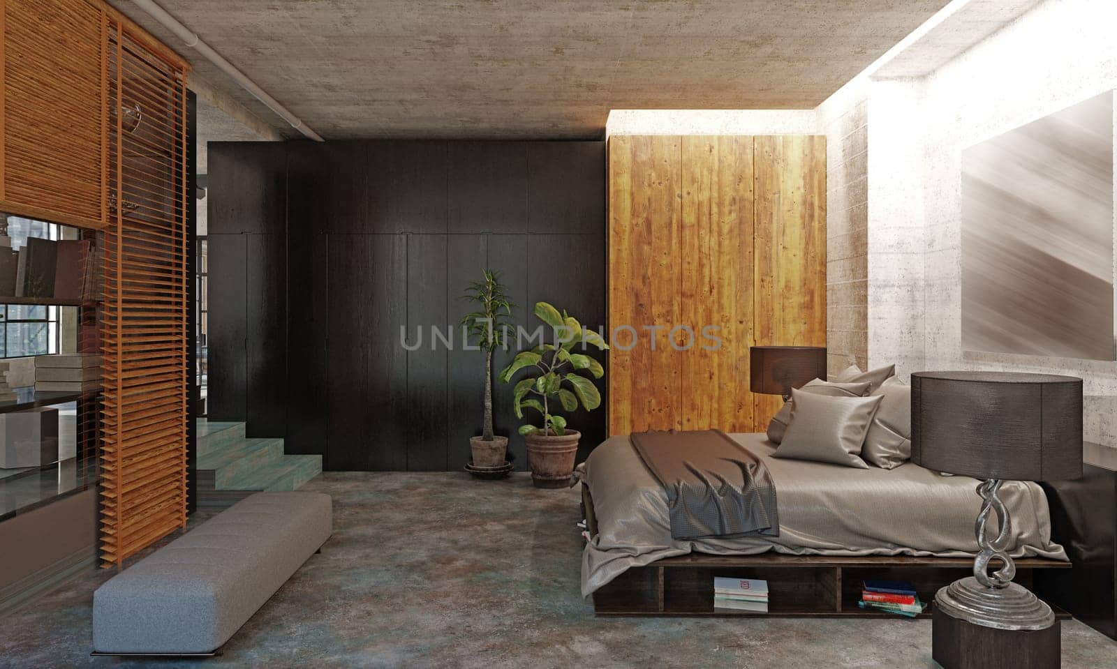 modern loft bedroom interior. 3d rendering concept