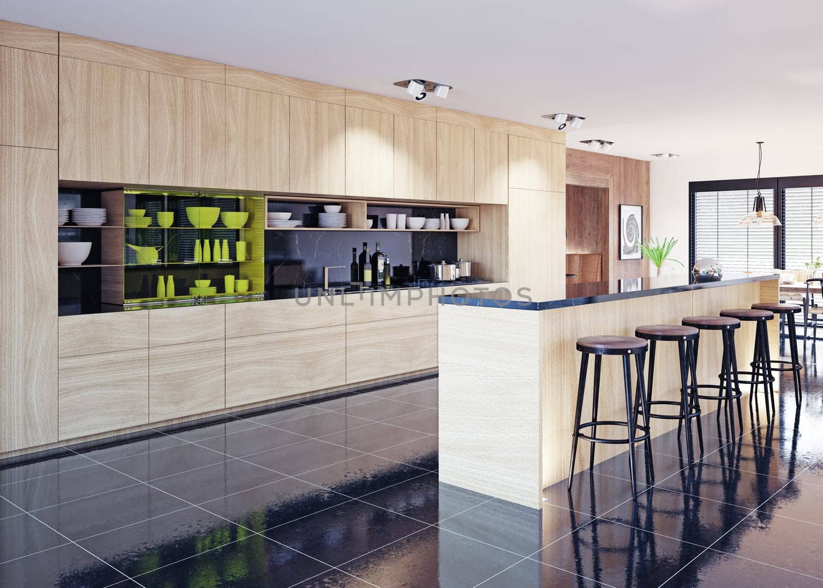 modern domestic kitchen interior. 3d rendering design concept