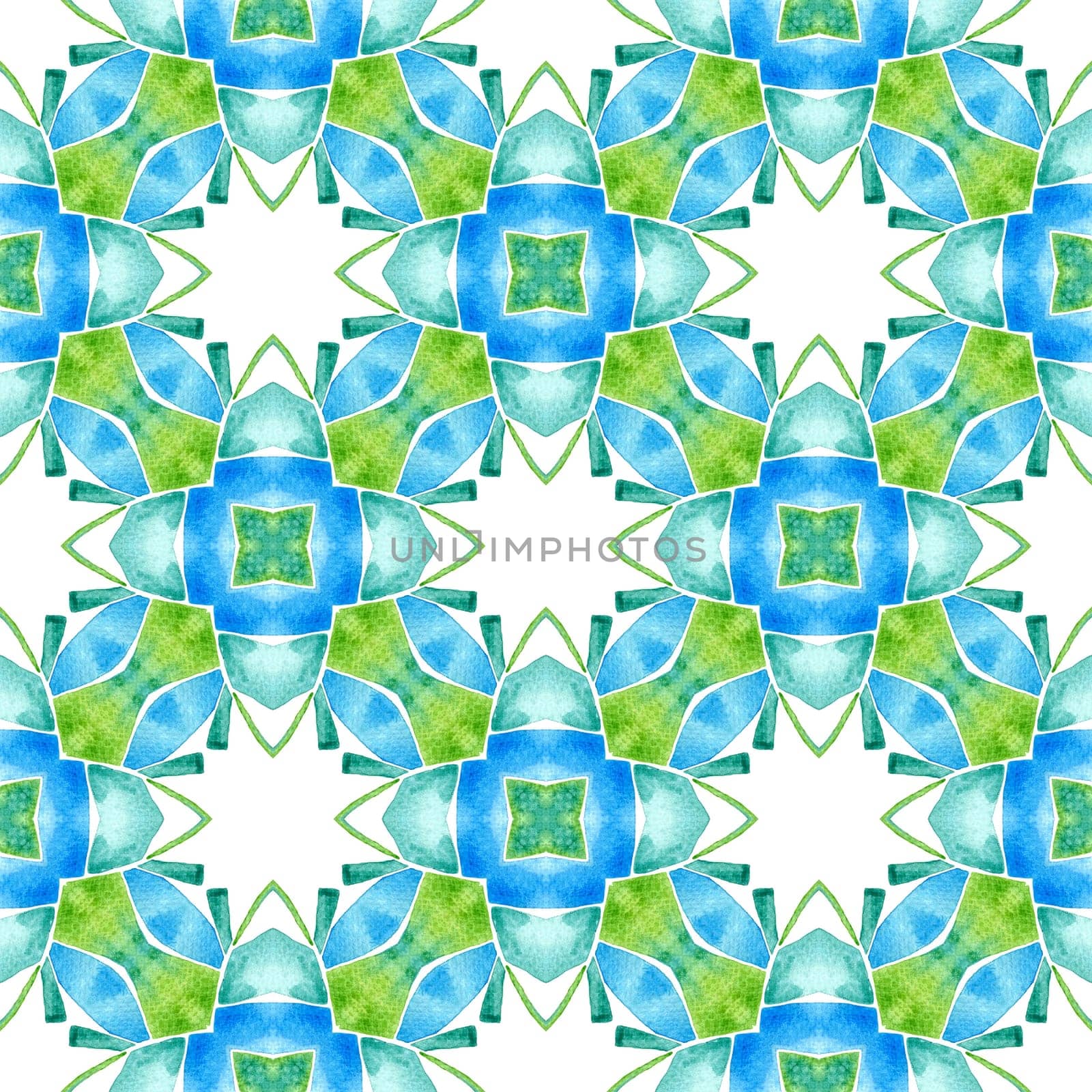Watercolor ikat repeating tile border. Green artistic boho chic summer design. Textile ready sightly print, swimwear fabric, wallpaper, wrapping. Ikat repeating swimwear design.