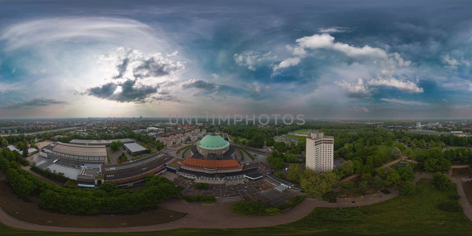 Hanover, Lower Saxony / Germany - May 24, 2023: Aerial view of the Hanover Congress Center. Hanover is the capital of the Lower Saxony region in Germany