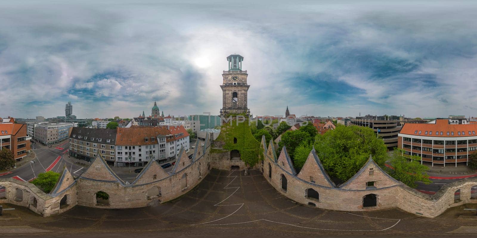 Hannover, Germany - May 21, 2023: Aegidienkirche memorial for the victims of wars and power. In 1943 the church was destroyed with the air raids on Hannover by bombs. The church was not rebuilt.