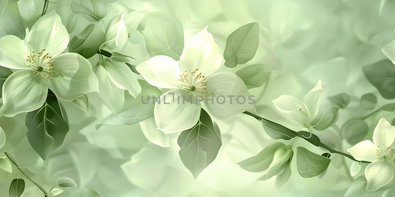 White flowers with green leaves on a lush green background by Nadtochiy